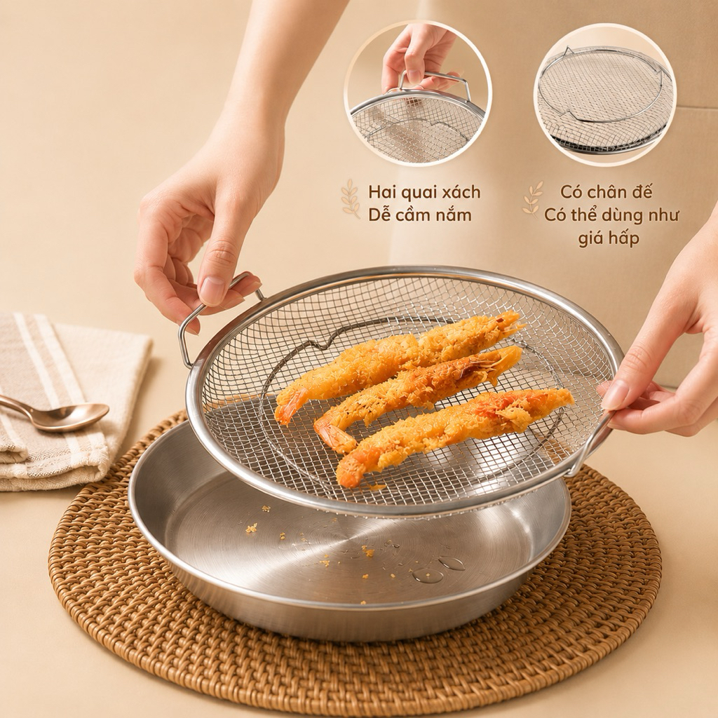 Khay Lọc Dầu Inox 304 Đa Năng Ráo Dầu Nhanh Size 20 22