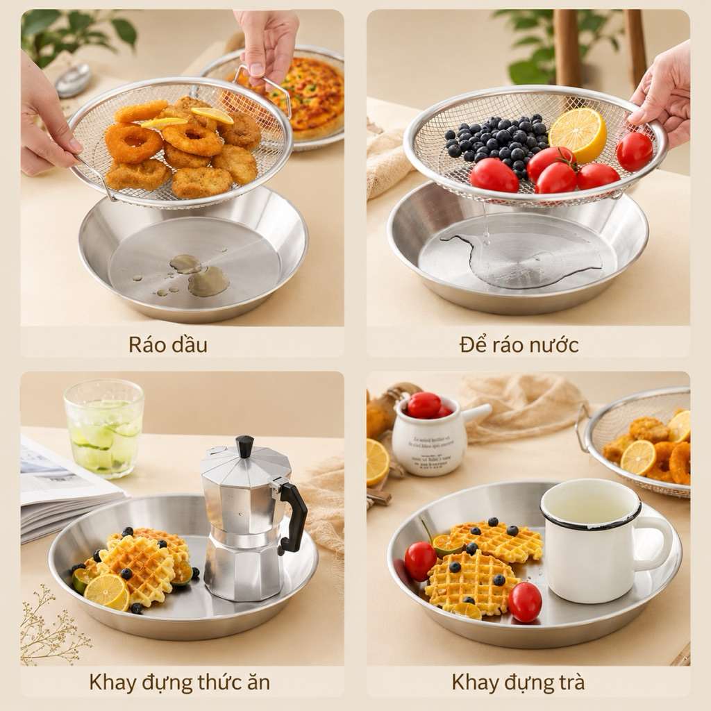 Khay Lọc Dầu Inox 304 Đa Năng Ráo Dầu Nhanh Size 20 22
