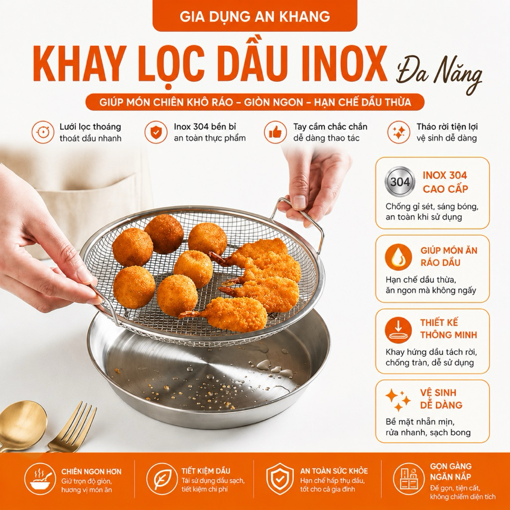 Khay Lọc Dầu Inox 304 Đa Năng Ráo Dầu Nhanh Size 20 22