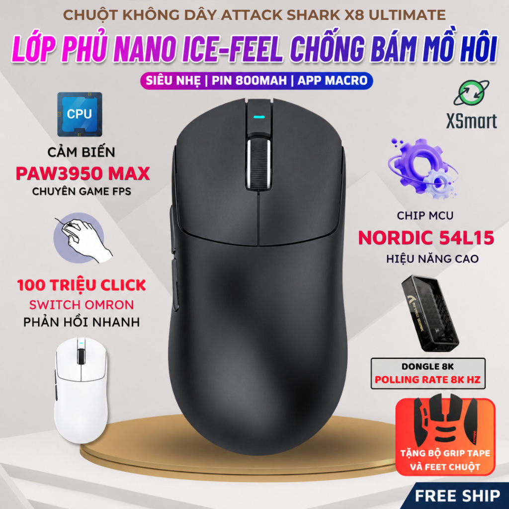 Chuột Không Dây Gaming Attack Shark X8 Ultimate Cảm Biến PAW3950MAX, Pin Sạc, Dongle 8K, App Macro | BigBuy360 - bigbuy360.vn