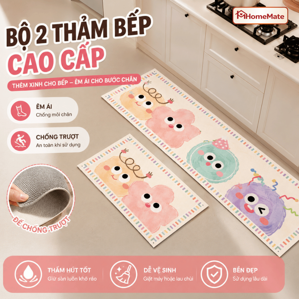 Bộ 2 Thảm Bếp Tảo Cát Diatomite Siêu Thấm Hút, Thảm Trải Sàn Nhà Hoạt Hình Êm Ái Chống Trượt Nhanh Khô