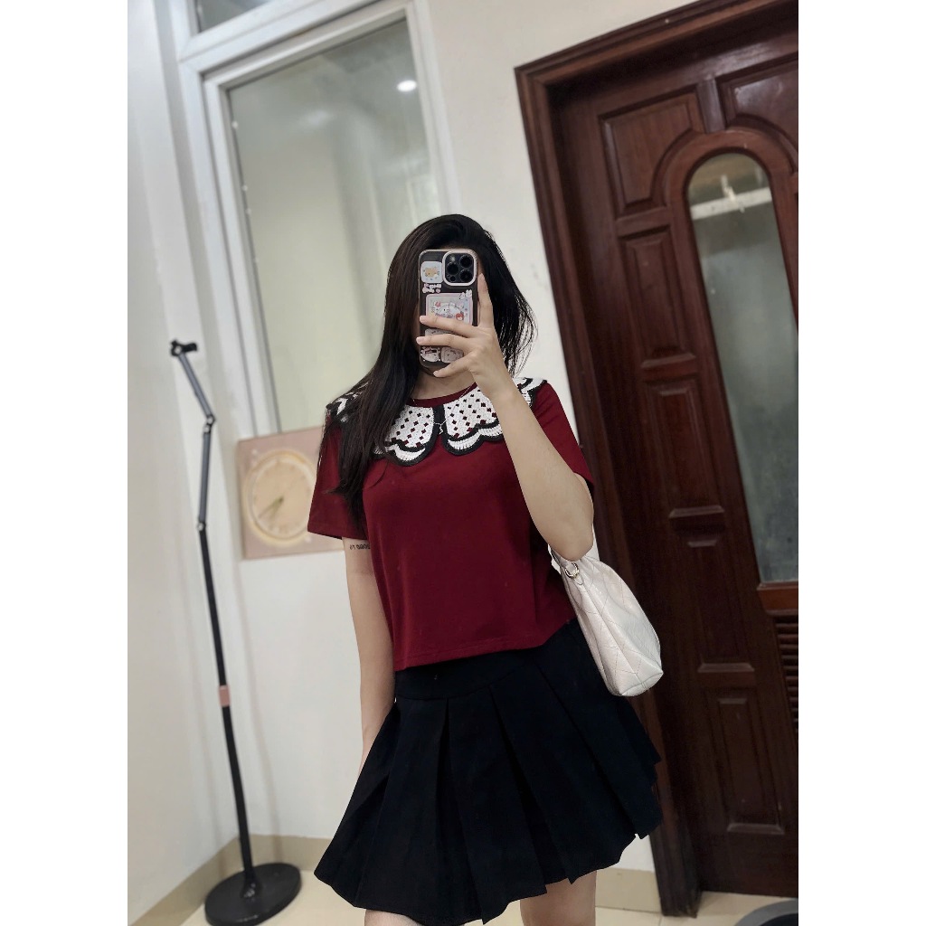 Áo Croptop Nữ Cổ Ren Vintage OHANLY – Áo Thun Croptop Tay Ngắn Form Regular Fit Phối Cổ Bèo Tiểu Thư