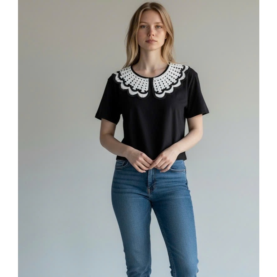 Áo Croptop Nữ Cổ Ren Vintage OHANLY – Áo Thun Croptop Tay Ngắn Form Regular Fit Phối Cổ Bèo Tiểu Thư