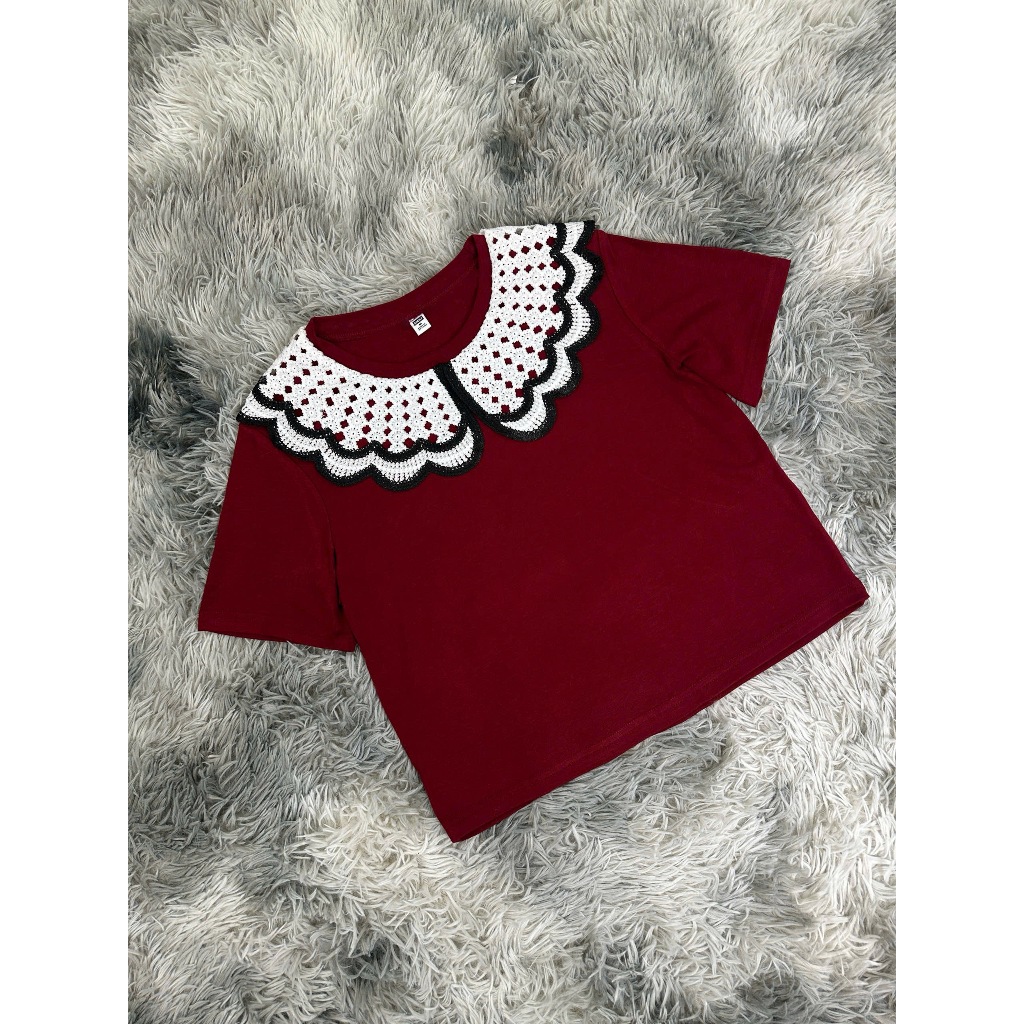 Áo Croptop Nữ Cổ Ren Vintage OHANLY – Áo Thun Croptop Tay Ngắn Form Regular Fit Phối Cổ Bèo Tiểu Thư