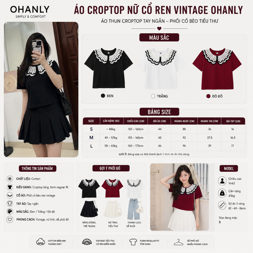 Áo Croptop Nữ Cổ Ren Vintage OHANLY – Áo Thun Croptop Tay Ngắn Form Regular Fit Phối Cổ Bèo Tiểu Thư