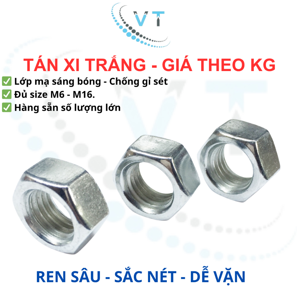 1KG Tán Xi Trắng (Đai Ốc) M4 M5 M6 M8 M10 M12 M14 M16 - Đai Ốc Mạ Kẽm Sáng Bóng, Ren Chuẩn