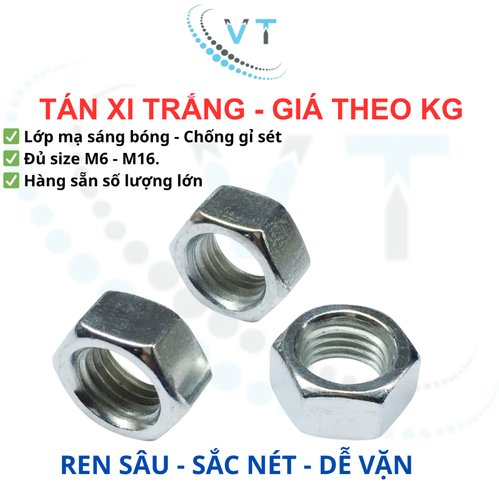 1KG Tán Xi Trắng (Đai Ốc) M4 M5 M6 M8 M10 M12 M14 M16 - Đai Ốc Mạ Kẽm Sáng Bóng, Ren Chuẩn