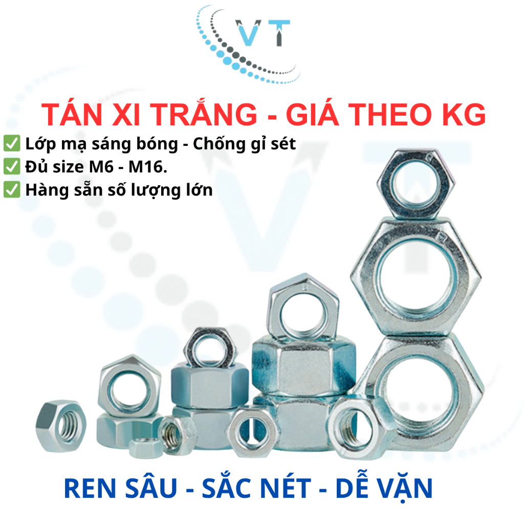 1KG Tán Xi Trắng (Đai Ốc) M4 M5 M6 M8 M10 M12 M14 M16 - Đai Ốc Mạ Kẽm Sáng Bóng, Ren Chuẩn
