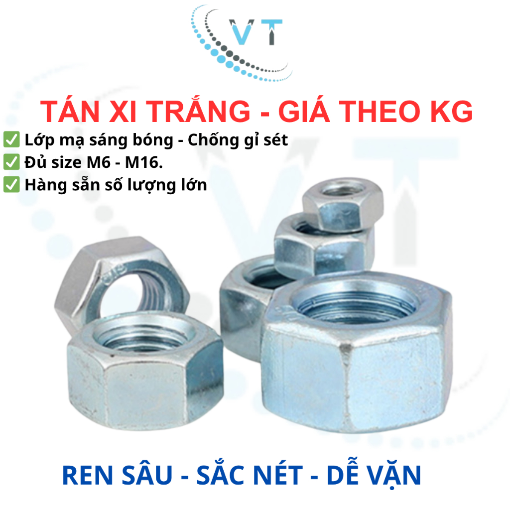 1KG Tán Xi Trắng (Đai Ốc) M4 M5 M6 M8 M10 M12 M14 M16 - Đai Ốc Mạ Kẽm Sáng Bóng, Ren Chuẩn
