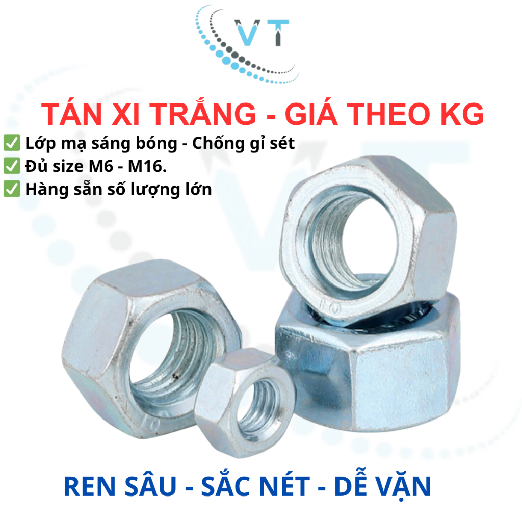 1KG Tán Xi Trắng (Đai Ốc) M4 M5 M6 M8 M10 M12 M14 M16 - Đai Ốc Mạ Kẽm Sáng Bóng, Ren Chuẩn