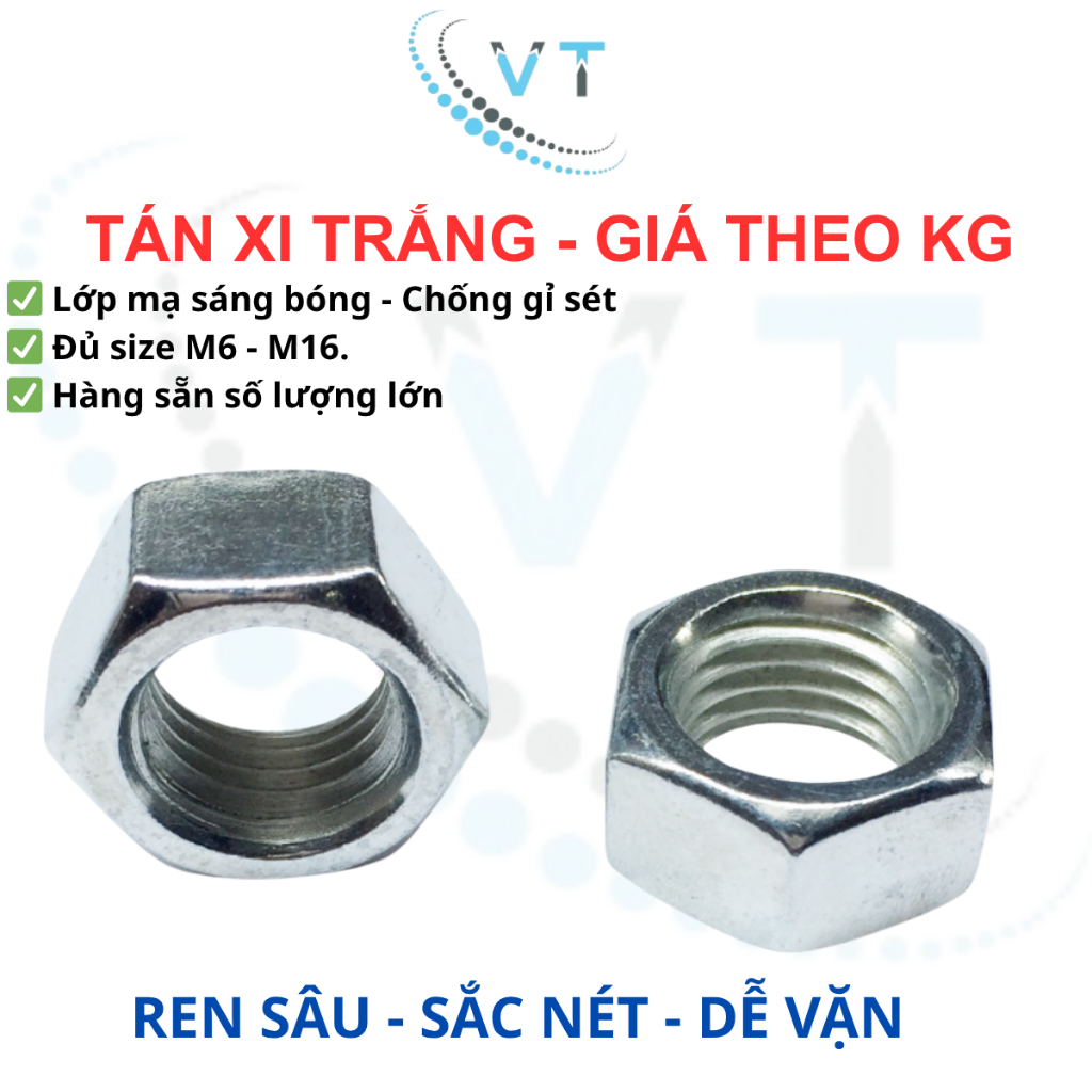 1KG Tán Xi Trắng (Đai Ốc) M4 M5 M6 M8 M10 M12 M14 M16 - Đai Ốc Mạ Kẽm Sáng Bóng, Ren Chuẩn