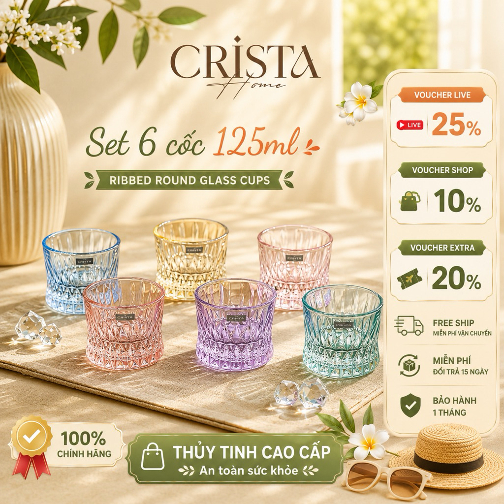 Bộ 6 Cốc Whisky 125ml Crista Home – Thủy Tinh Màu Cao Cấp