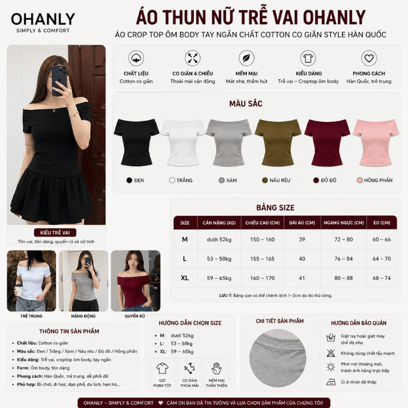 Áo Thun Nữ Trễ Vai OHANLY – Áo Croptop Ôm Body Tay Ngắn Chất Cotton Co Giãn Style Hàn Quốc