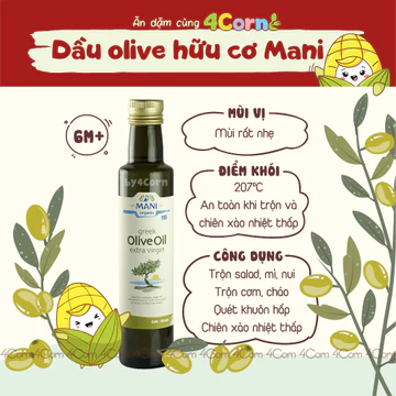 Dầu Olive (oliu) hữu cơ ép lạnh siêu nguyên chất (Olive Extra Virgin) Mani - Cho bé 6m+