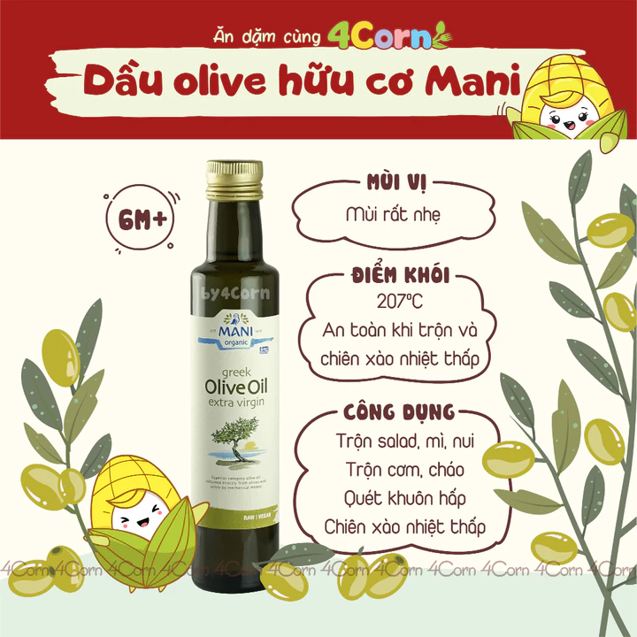 Dầu Olive (oliu) hữu cơ ép lạnh siêu nguyên chất (Olive Extra Virgin) Mani - Cho bé 6m+