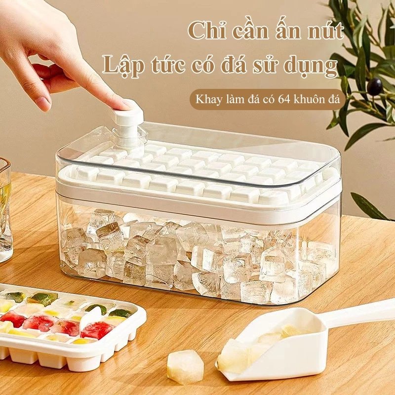 KHAY LÀM ĐÁ THÔNG MINH 2 TẦNG 56 Ô NHẤN NÚT LẤY ĐÁ TỰ ĐỘNG - Hộp Khay Làm Đá Viên Tách Đá Nhanh Cho Gia Đình