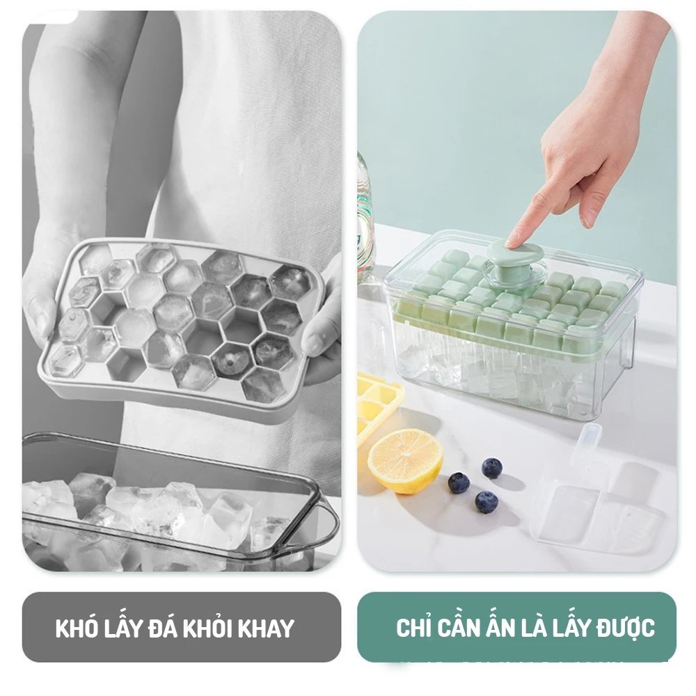 KHAY LÀM ĐÁ THÔNG MINH 2 TẦNG 56 Ô NHẤN NÚT LẤY ĐÁ TỰ ĐỘNG - Hộp Khay Làm Đá Viên Tách Đá Nhanh Cho Gia Đình