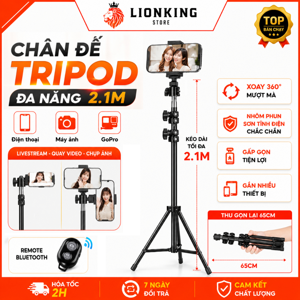 Giá đỡ tripod điện thoại, gậy chụp ảnh 3 chân, quay video livestream kèm kẹp và điều khiển remote