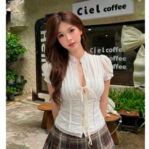 Áo Kiểu Nữ Dáng Croptop Chi Tiết Cổ Tàu Tay Bồng Cột Dây Nơ, Áo Kiểu Nữ Siêu Hot Hit Phù Hợp Đi Chơi Đi Du Lịch - KA832