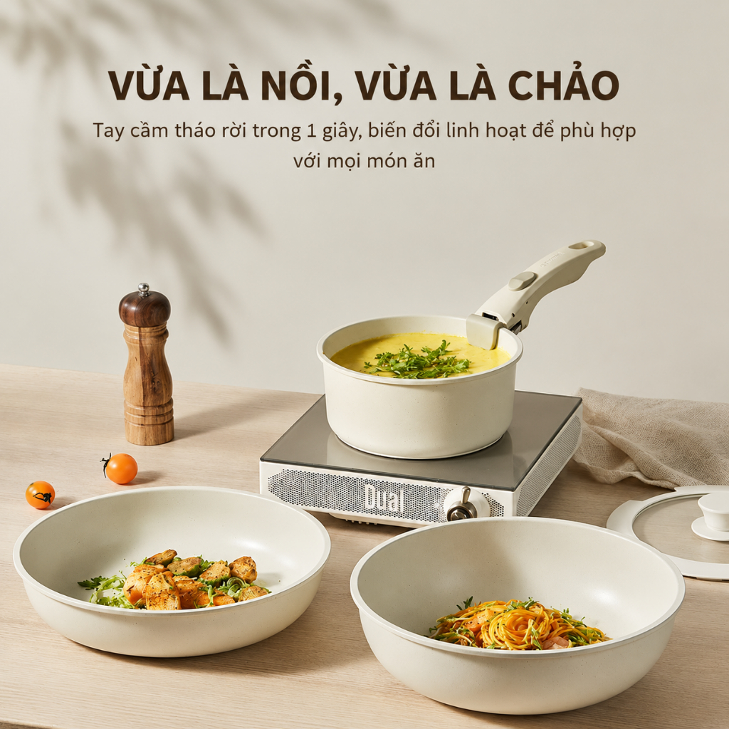 [MUA 1 TẶNG 2] Bộ nồi gốm đá 11 món với 6 lớp chống dính có tay cầm LAZO có thể tháo rời