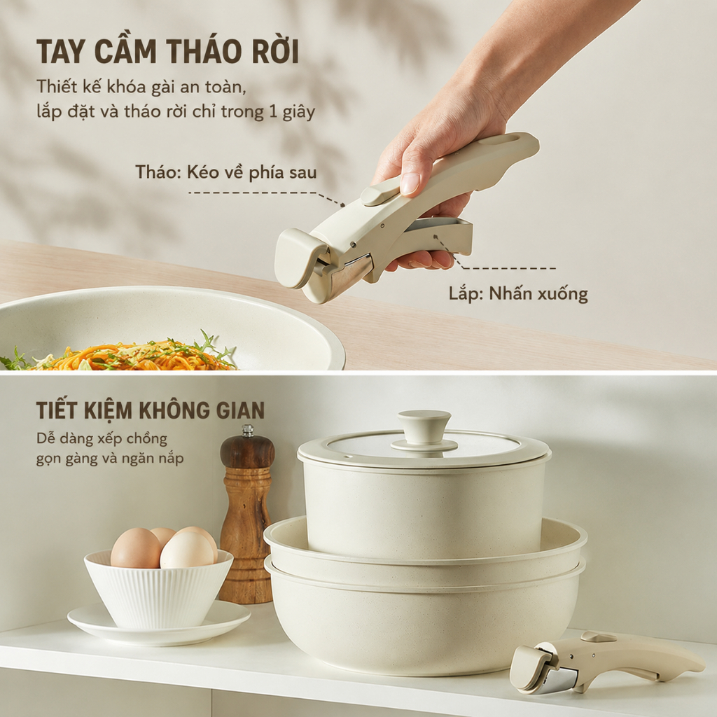 [MUA 1 TẶNG 2] Bộ nồi gốm đá 11 món với 6 lớp chống dính có tay cầm LAZO có thể tháo rời