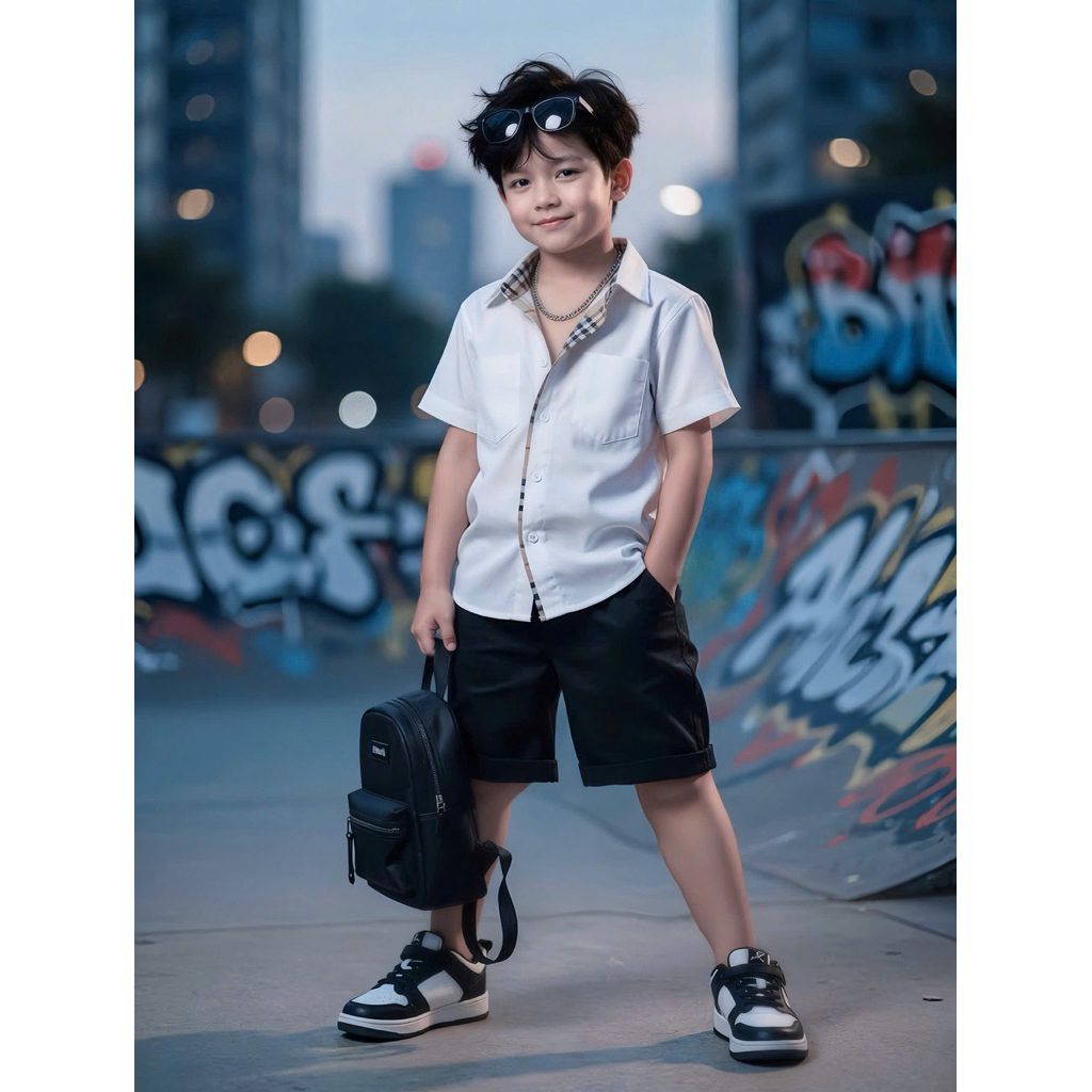 set sơmi đen chạy viền siêu sang cho bé trai 10kg-54kg Tonikids