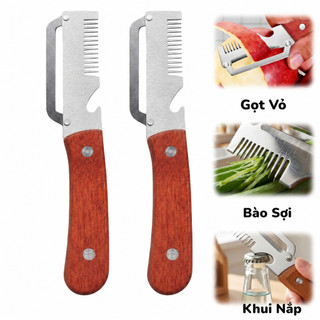 Dao Gọt Vỏ Rau Củ 3in1 Inox Cán Gỗ–Dao Bào Sợi, Gọt Trái Cây Nhanh, Dụng Cụ Nhà Bếp Đa Năng Tiện Lợi