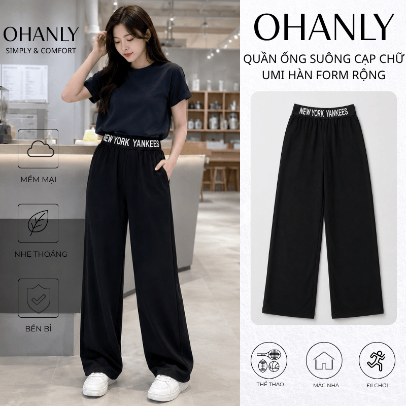 Quần Ống Suông Nữ Cạp Chữ – Quần Dài Umi Hàn Form Rộng Ống Đứng OHANLY Mặc Đi Chơi Basic