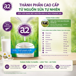 Sữa bột nguyên kem A2 1kg xuất xứ Úc giúp bổ sung canxi phát triển xương chắc khoẻ