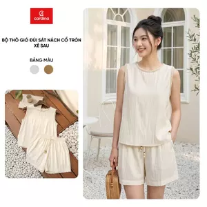 Bộ đồ nữ CARDINA  chất liệu thô gió áo sát nách cổ tròn sẻ sau và  quần đùi 6BGN02