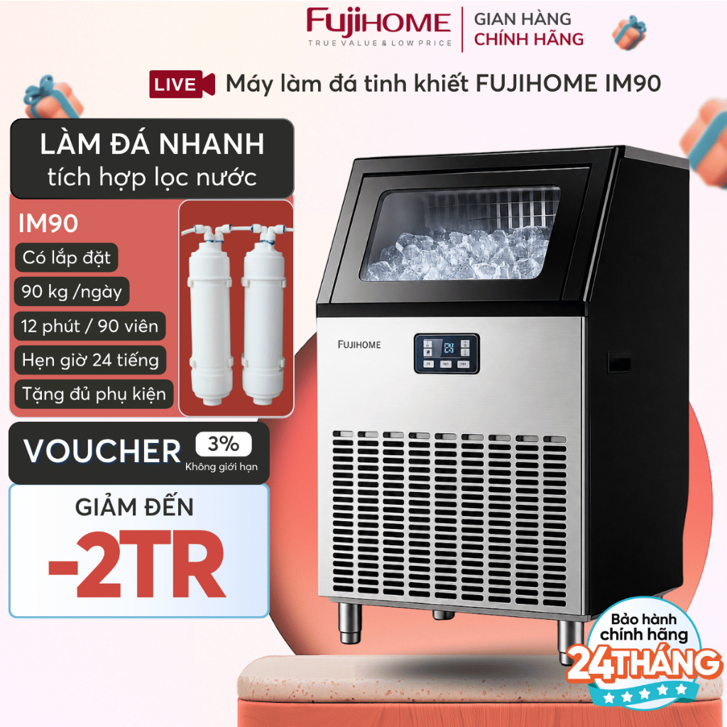 Máy làm đá viên sạch công suất lớn 90kg/ngày FUJIHOME IM90, máy tạo đá viên nhanh công nghiệp cà phê
