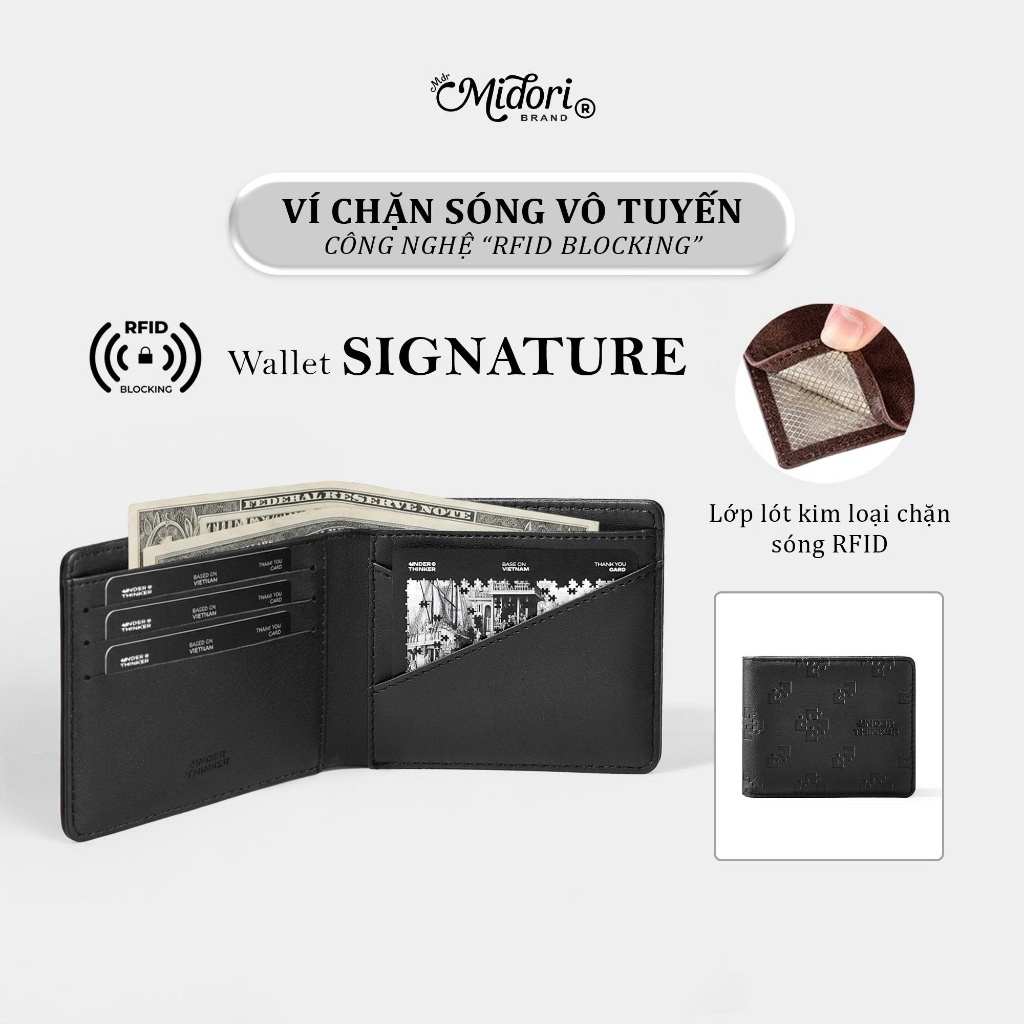Ví Da PU SIGNATURE Nhiều Ngăn Cao Cấp Bóp Nam RFID Blocking Đựng Tiền Thẻ | Midori M Studio