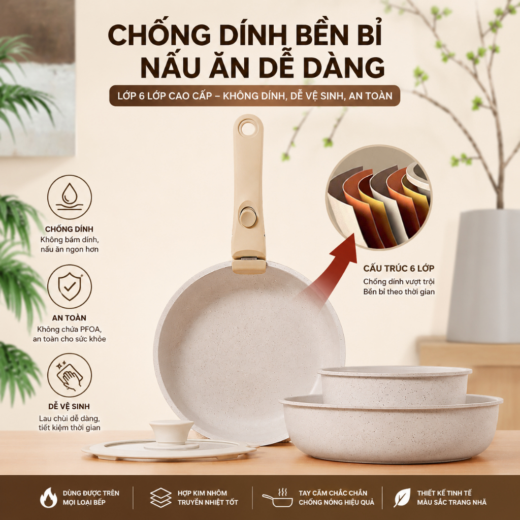 [MUA 1 TẶNG 2] Bộ nồi gốm đá 11 món với 6 lớp chống dính có tay cầm LAZO có thể tháo rời