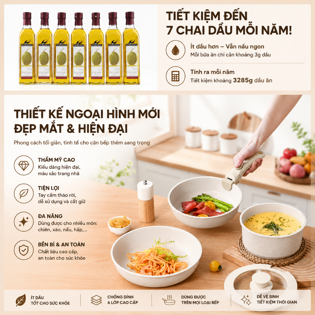 [MUA 1 TẶNG 2] Bộ nồi gốm đá 11 món với 6 lớp chống dính có tay cầm LAZO có thể tháo rời