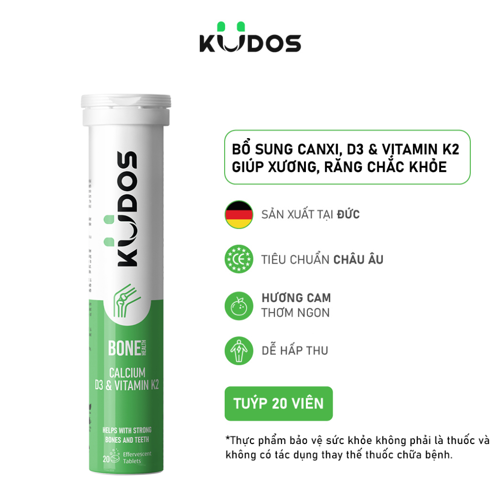 Combo 2 TPBVSK Viên sủi KUDOS BONE bổ sung canxi, D3 và K2 + Viên sủi KUDOS VITAMIN C 1000MG (20 viên/tuýp)