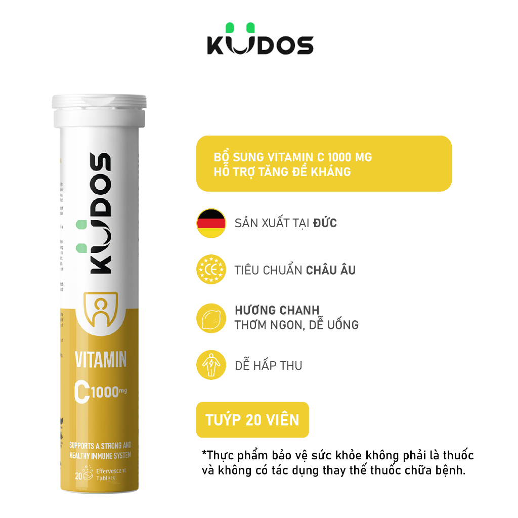 Combo 2 TPBVSK Viên sủi KUDOS BONE bổ sung canxi, D3 và K2 + Viên sủi KUDOS VITAMIN C 1000MG (20 viên/tuýp)