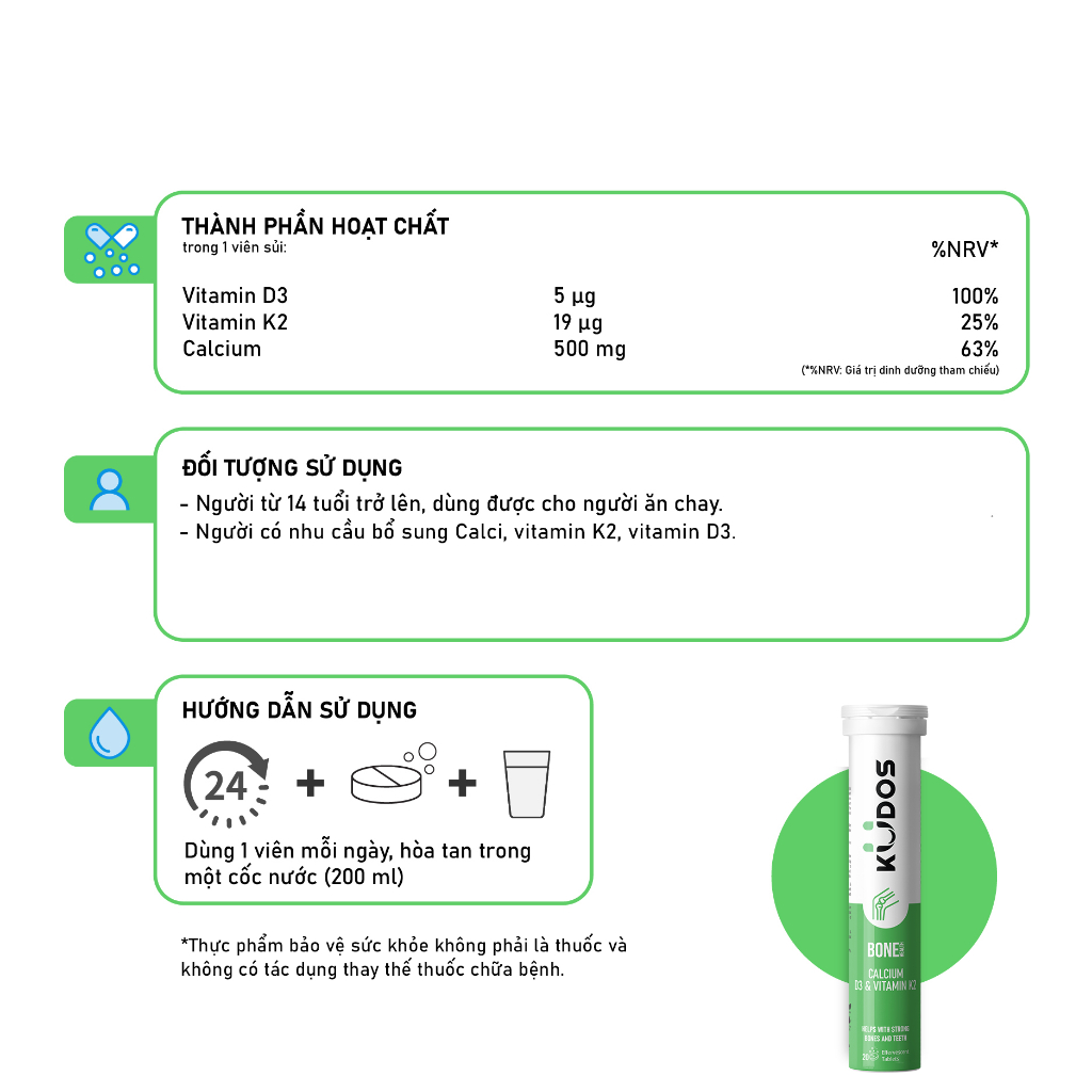 Combo 2 TPBVSK Viên sủi KUDOS BONE bổ sung canxi, D3 và K2 + Viên sủi KUDOS VITAMIN C 1000MG (20 viên/tuýp)