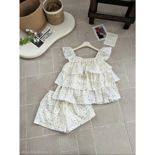Bộ Đồ Nữ Hoa Nhí Form Suông Tiểu Thư Hàn Quốc | Set Áo Bèo Tầng Phối Ren Hot Trend