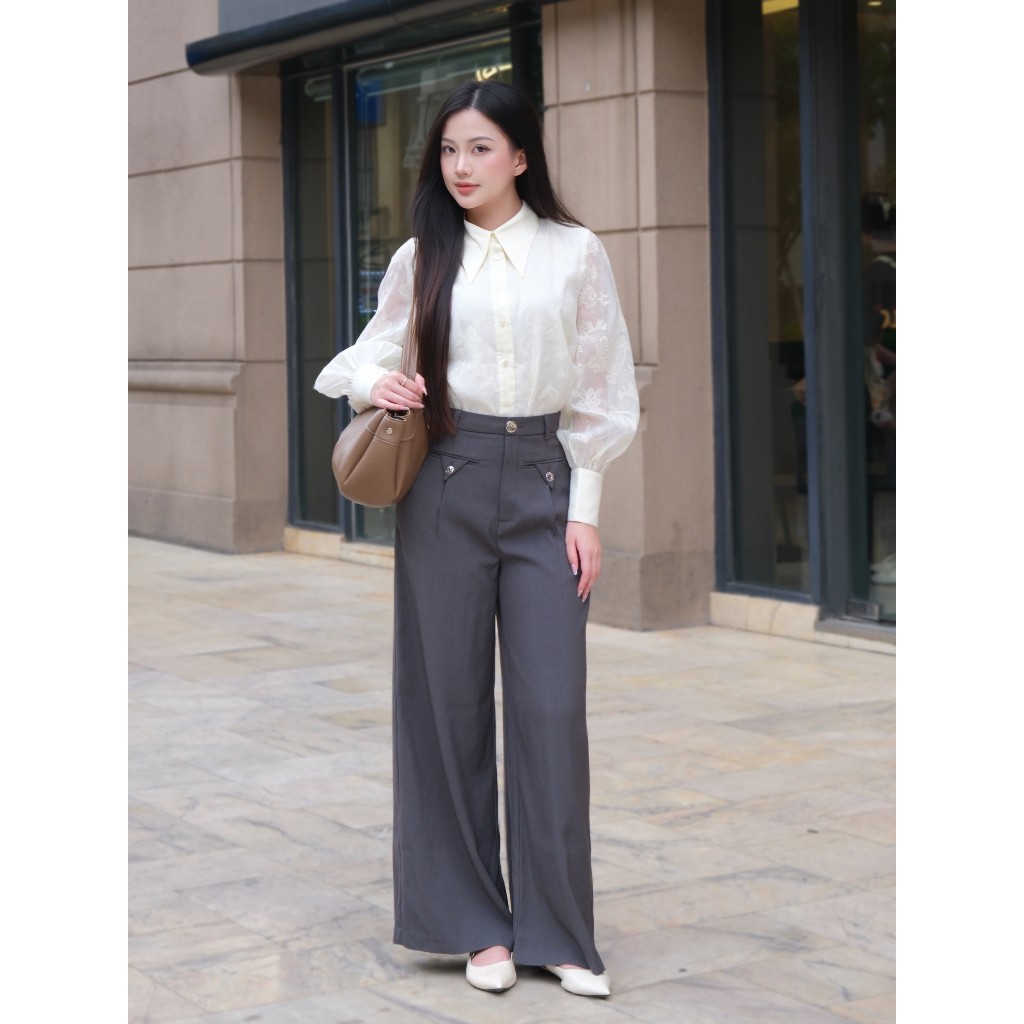 LABAVISTA Áo sơ mi nữ cổ nhọn tay phồng form suông màu kem pastel chất tơ họa tiết hoa thanh lịch