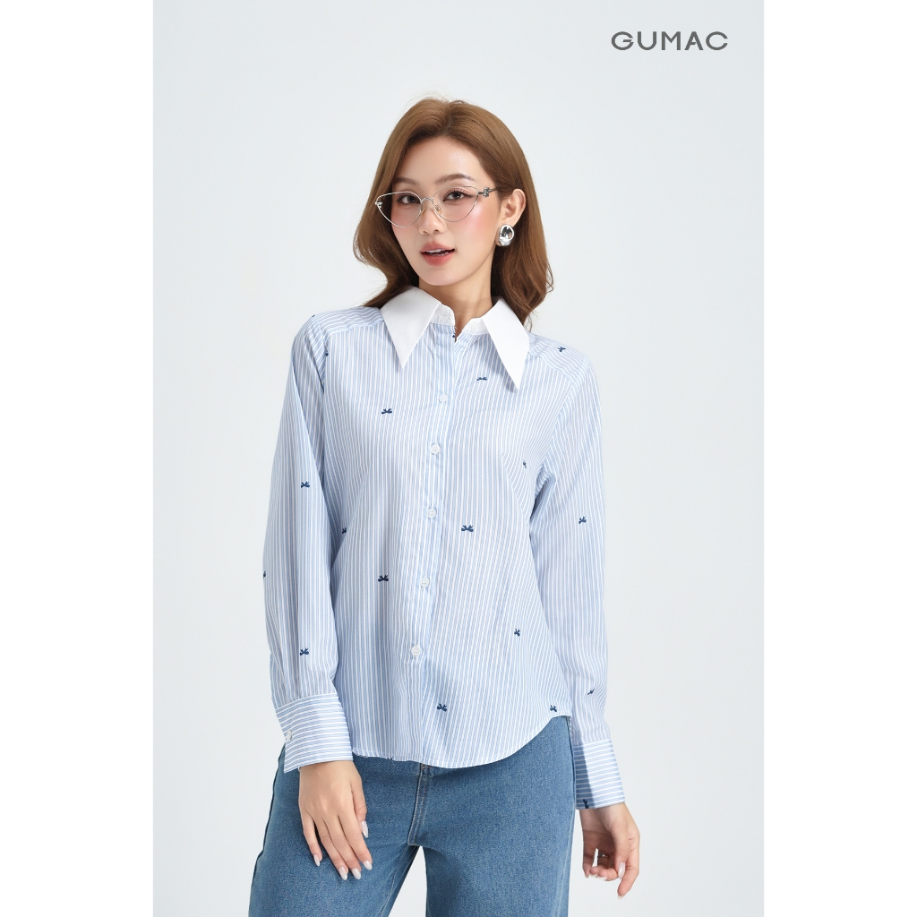 Áo Sơ Mi Nữ GUMAC Áo Kiểu Tay Dài Kẻ Sọc Xanh Cổ Phối Trắng Vải Kate Cao Cấp Trẻ Trung AG01009