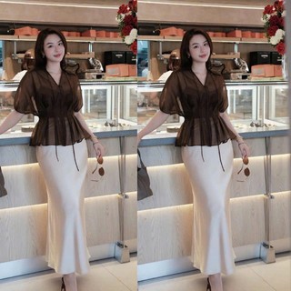 Bộ áo voan tơ cổ bẻ thắt nơ eo dáng xòe phối chân váy lụa dài