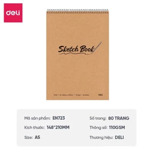 Sổ Tay Vẽ Phác Thảo Deli Chuyên Nghiệp giấy Kraft lật ngang - A5-110g-40 tờ- Sketchbook Giấy Trơn Gáy Xoắn Ngang Và Dọc