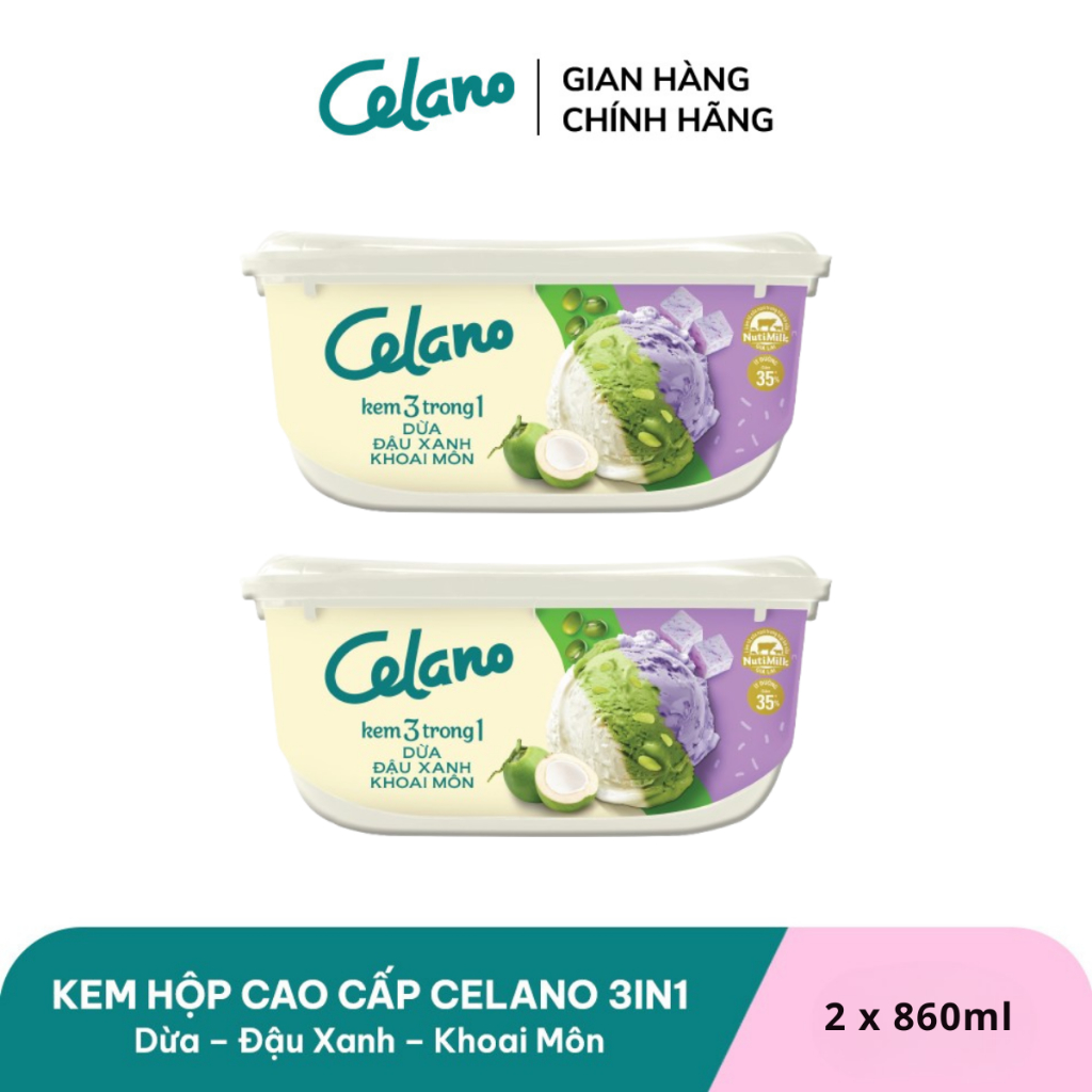 [Hỏa tốc HN/HCM] Combo 2 Kem Hộp Cao Cấp Celano 3in1 Dừa – Đậu Xanh – Khoai Môn (860ml)