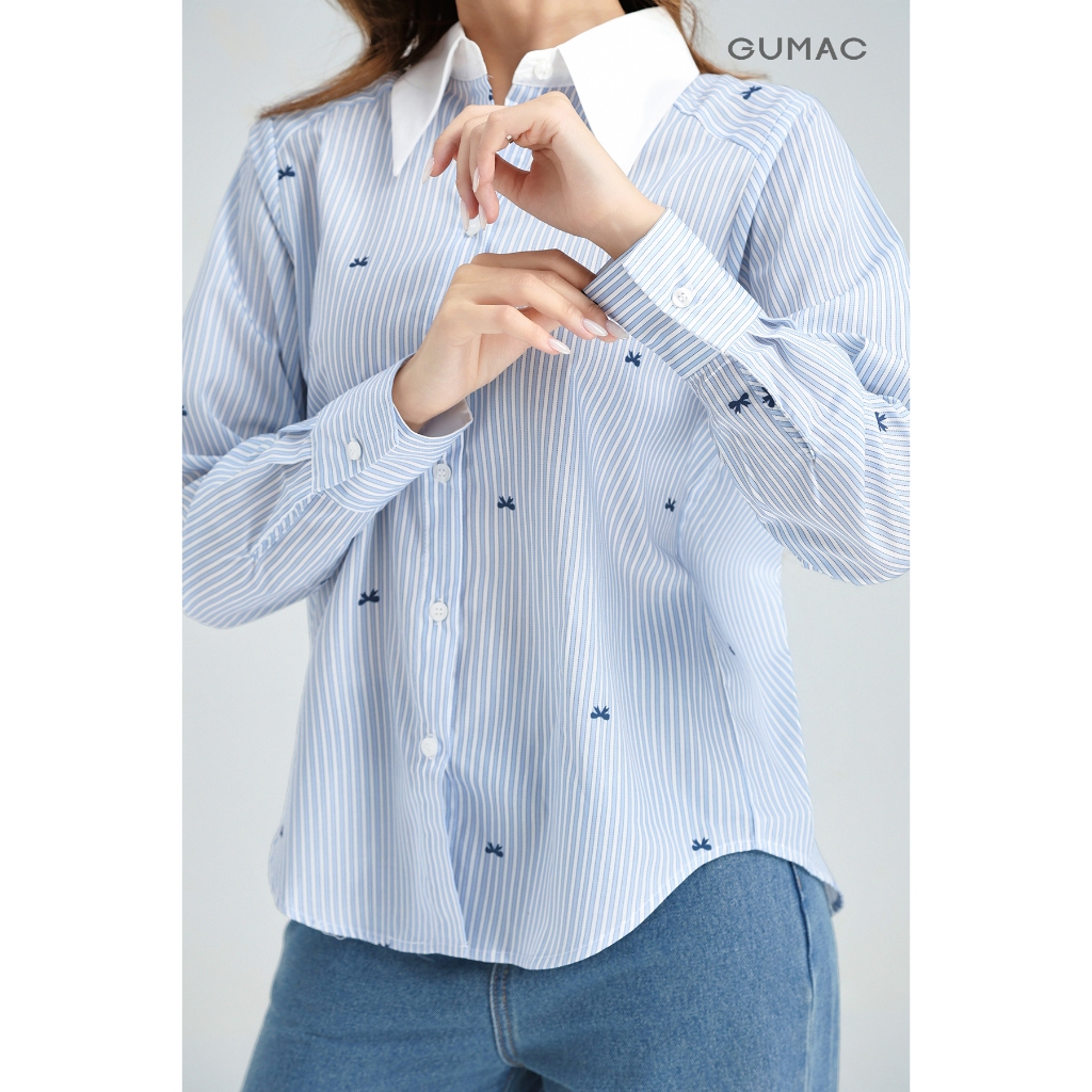 Áo Sơ Mi Nữ Tay Dài GUMAC Form Suông Kẻ Sọc Phối Xanh Trắng Lai Bầu Trẻ Trung AG01009