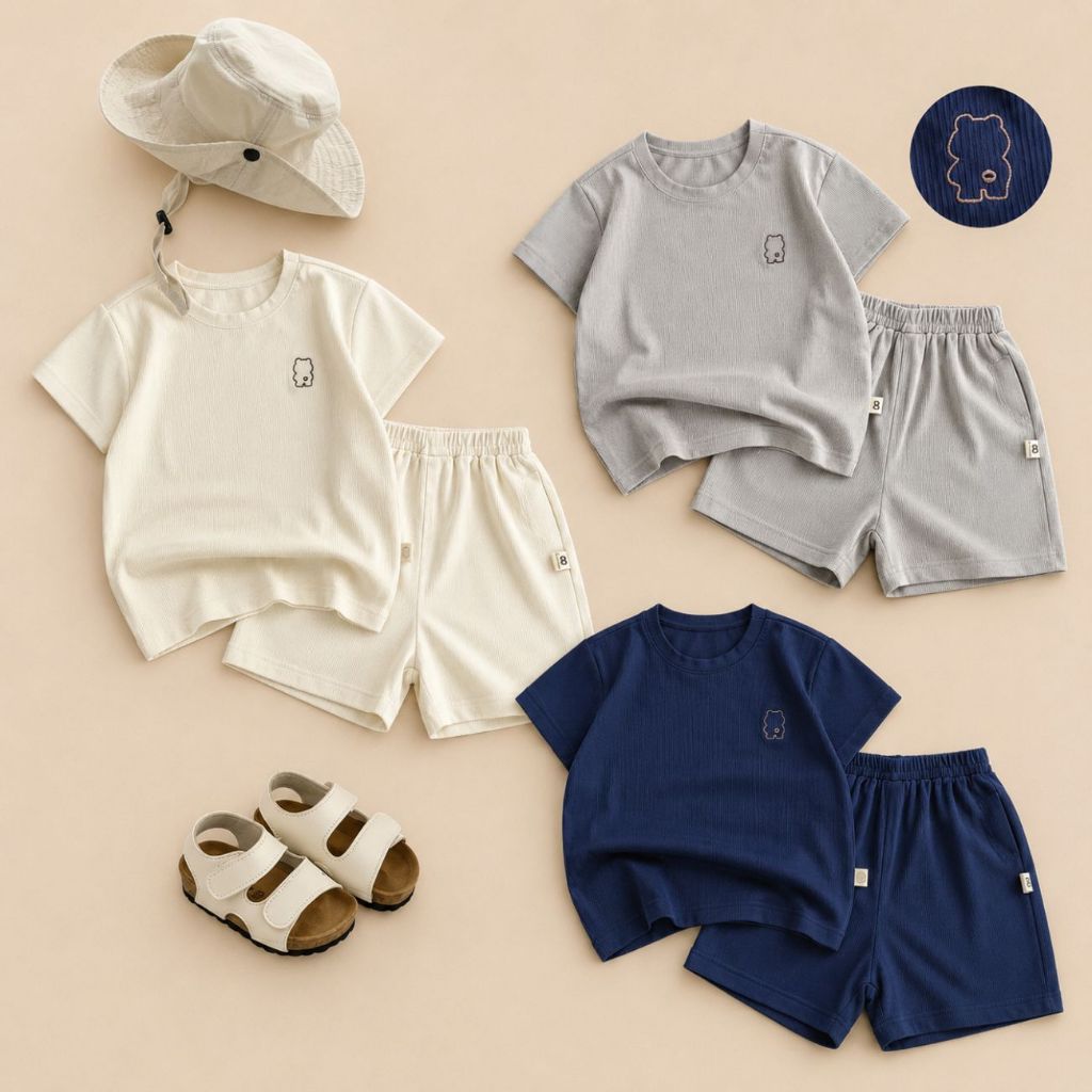 Set bộ tay ngắn unisex cho bé trai bé gái chất thun tăm thêu gấu size 1đến 7 tuổi BERNIE SIRI H20804