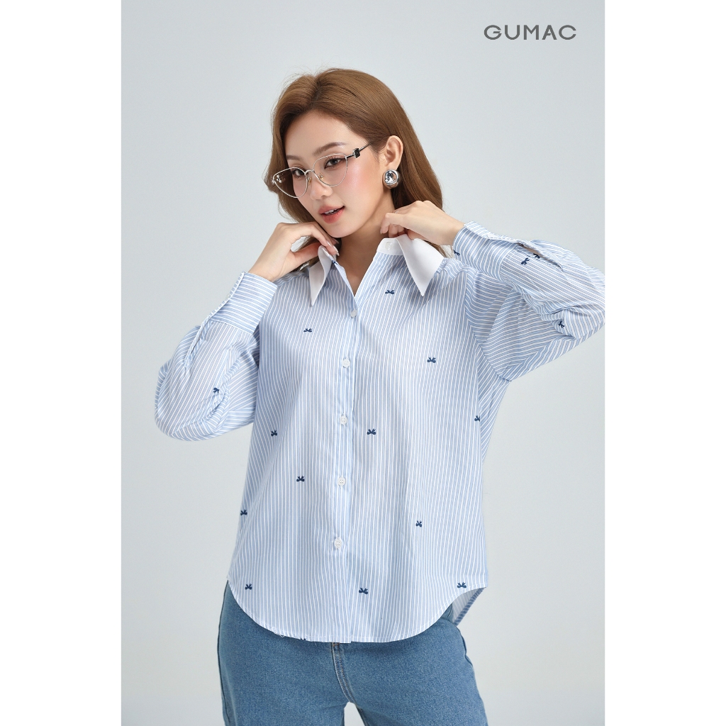 Áo Sơ Mi Nữ GUMAC Áo Kiểu Tay Dài Kẻ Sọc Xanh Cổ Phối Trắng Vải Kate Cao Cấp Trẻ Trung AG01009
