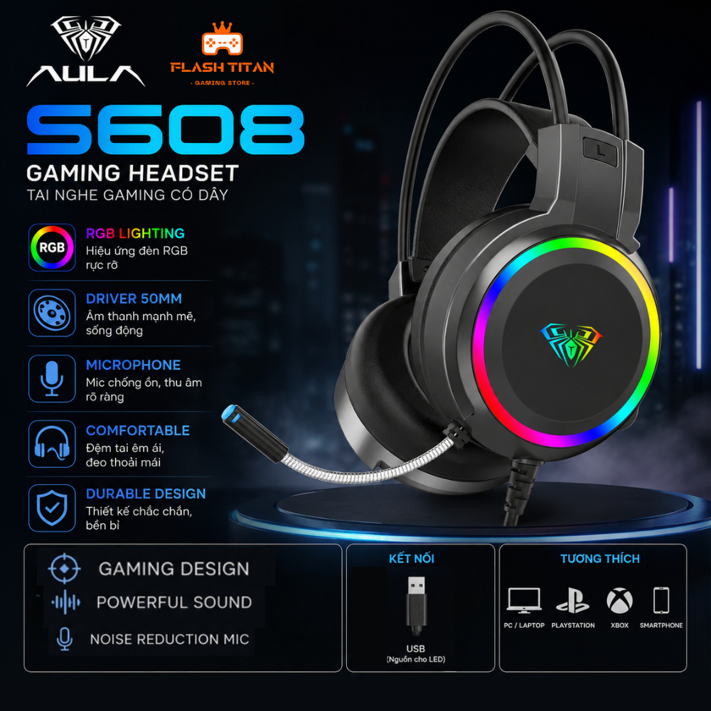 Tai Nghe Chụp Tai GAMING AULA S608 Có Dây, Đèn LED RGB, có mic đàm thoại, Hỗ trợ chơi game Dùng cho PC, Laptop | BigBuy360 - bigbuy360.vn