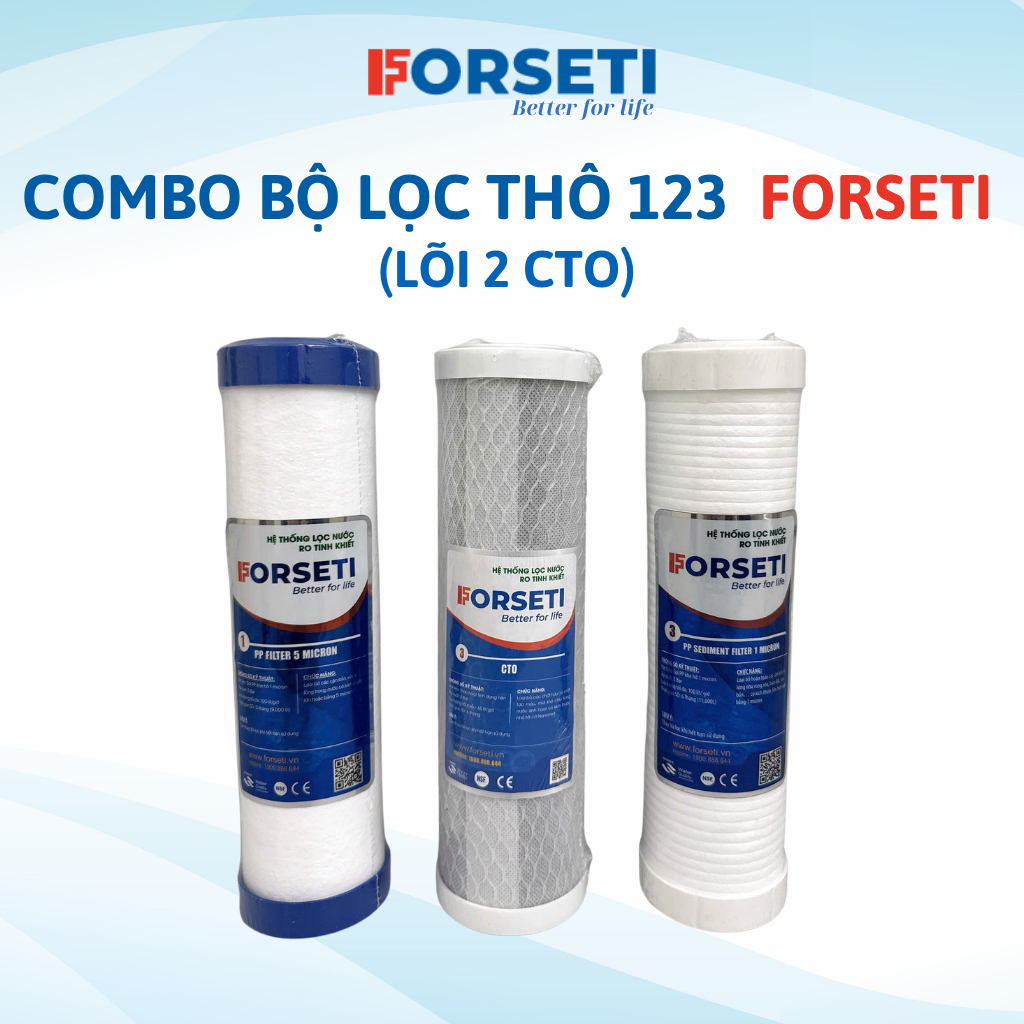 Bộ 3 lõi lọc nước thô 123 Forseti 10 inch chính hãng Lõi 2 là than hoạt tính dạng nén (CTO)