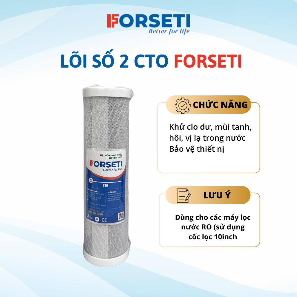 Bộ 3 lõi lọc nước thô 123 Forseti 10 inch chính hãng Lõi 2 là than hoạt tính dạng nén (CTO)