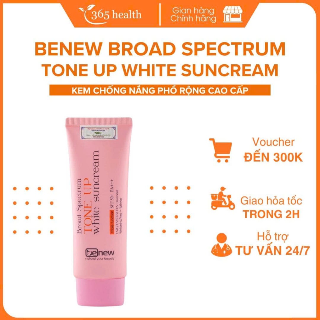 Kem chống nắng phổ rộng, nâng tone, dưỡng trắng - Benew Broad Spectrum Tone Up White Suncream 70ml